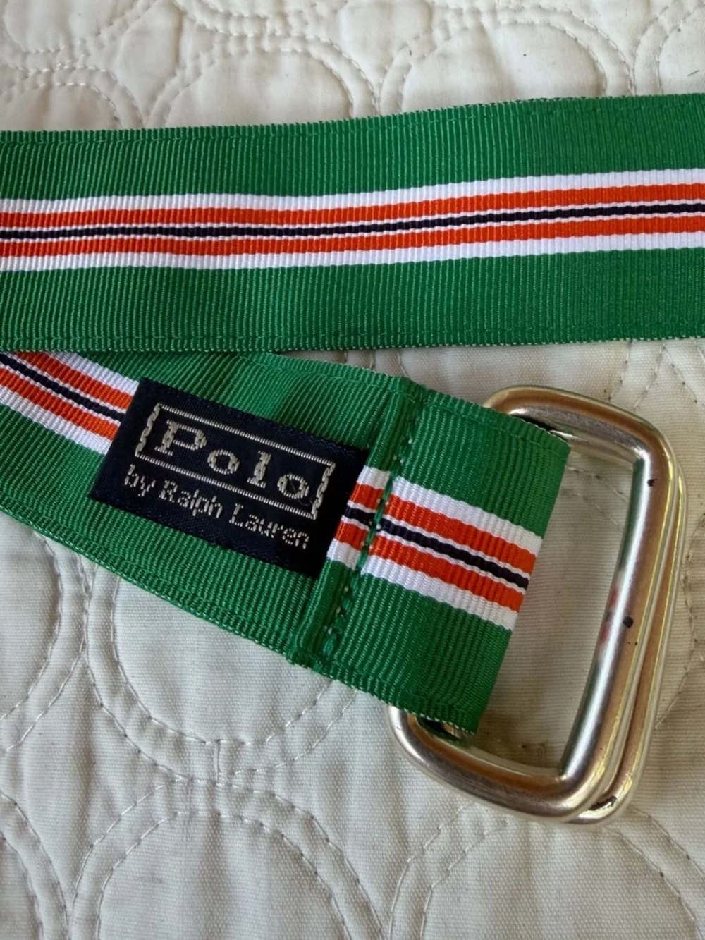 Ralph Lauren Polo belt, green, and orange striped preppy style.
